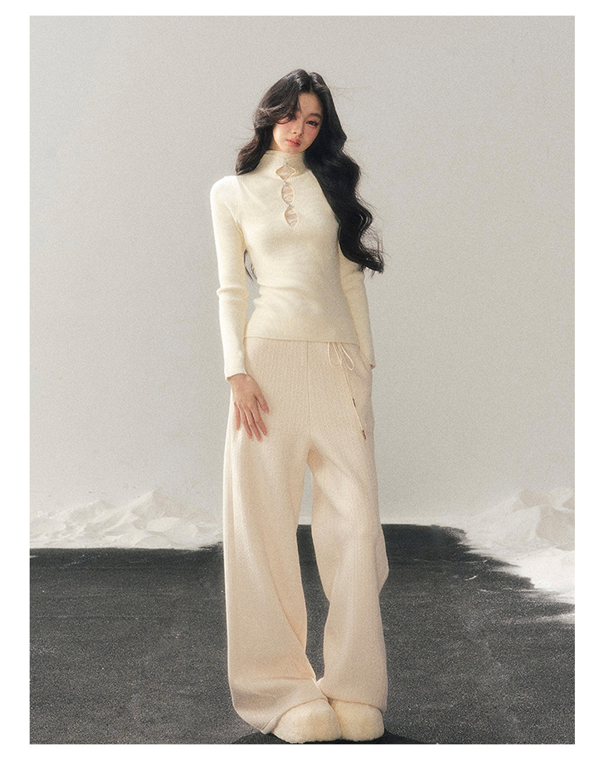 040126 "Lacewoven Dream" Mock Neck Layered Lace Knit Top - Oat Beige
