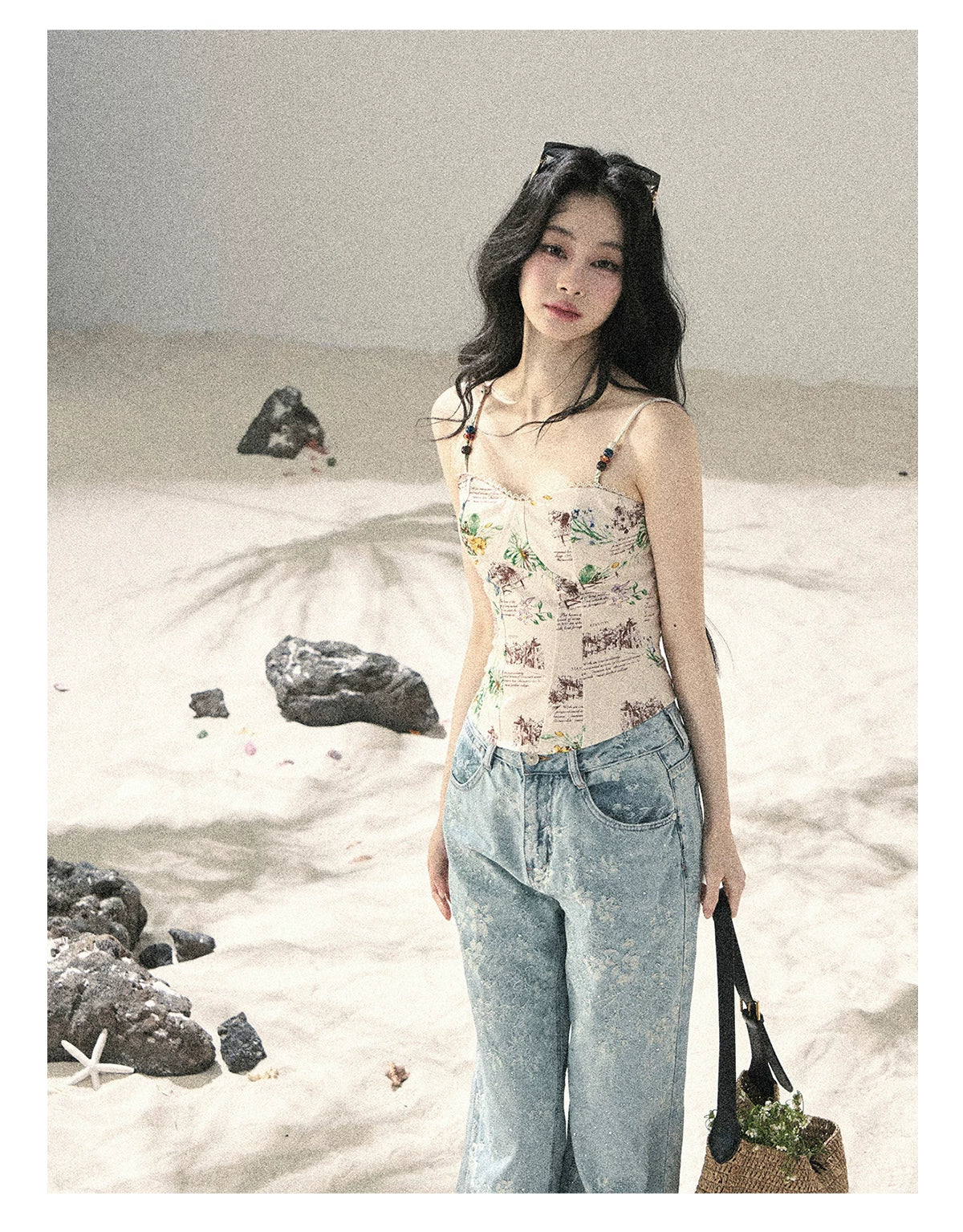 "Twinkling Starlight" Sky Blue Floral Rhinestone Wide-Leg Jeans