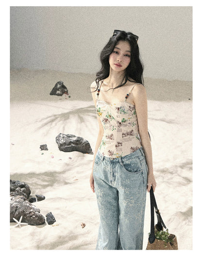 "Twinkling Starlight" Sky Blue Floral Rhinestone Wide-Leg Jeans