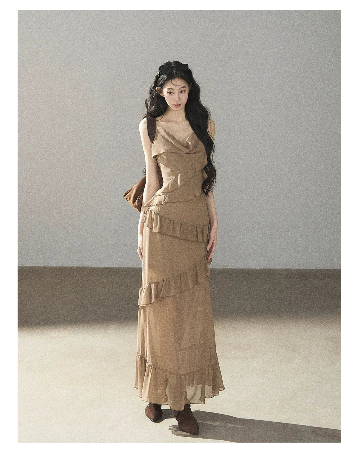 AOMALM - Cinnamon Gray-Brown Ruffle Chiffon Maxi Dress