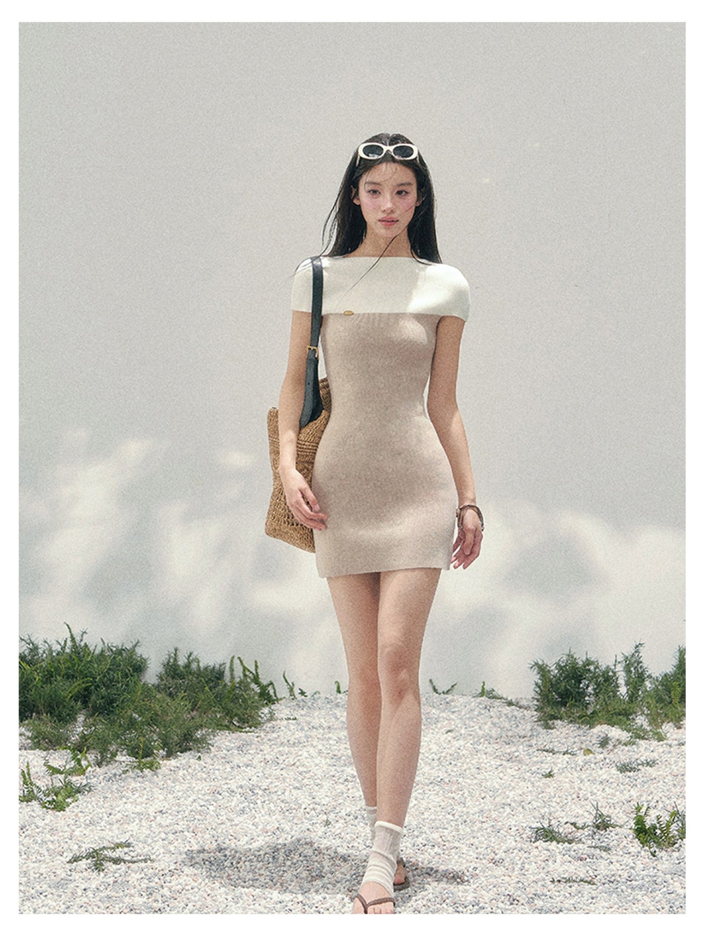 少也眼 “Ivory Moon Residence” Oatmeal Faux Two-Piece Knit Bodycon Dress 138