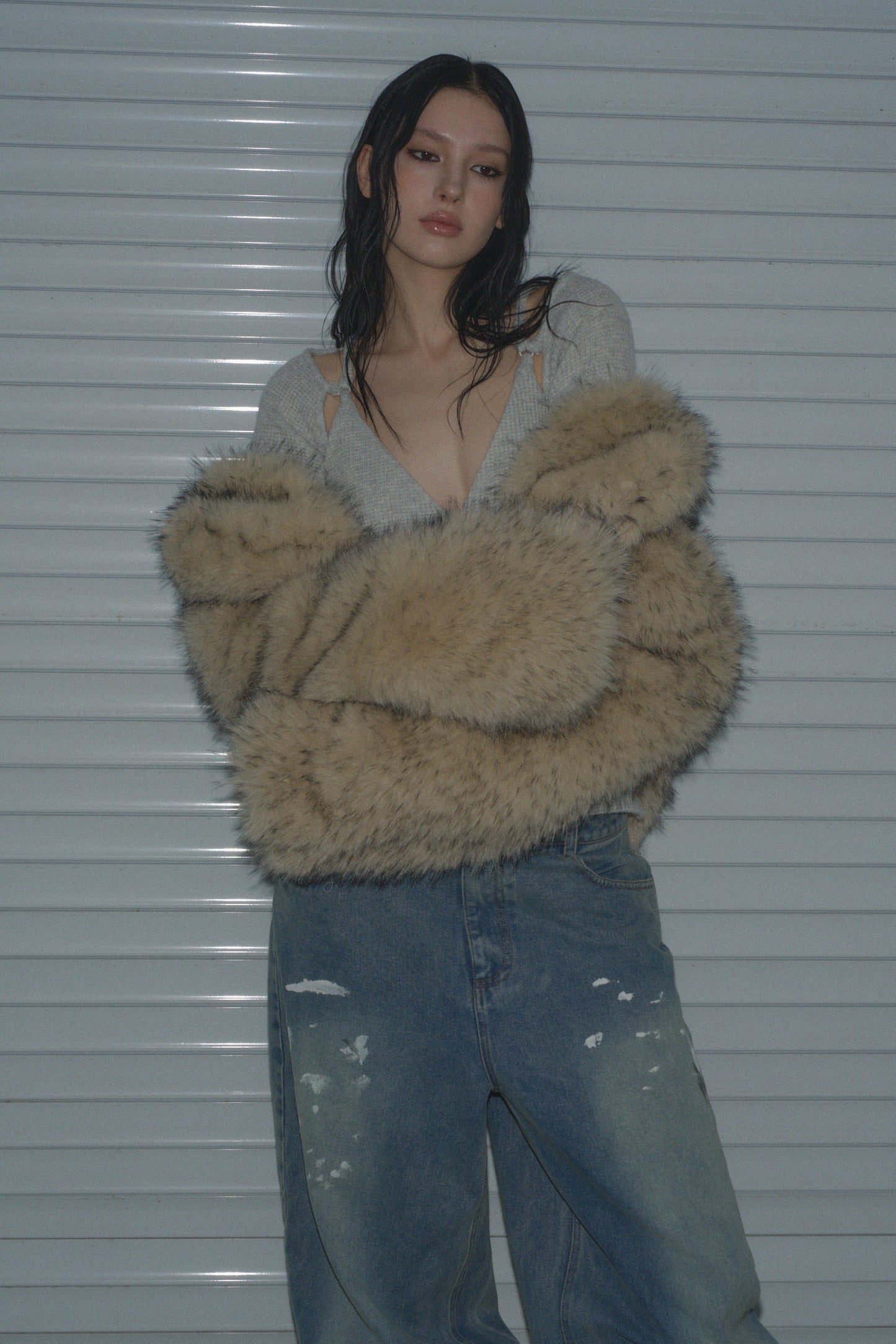 Muirgen - Y2K Tipped Faux Camel Hair Shawl Cropped Jacket