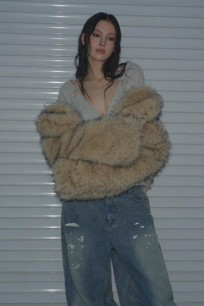 Muirgen - Y2K Tipped Faux Camel Hair Shawl Cropped Jacket
