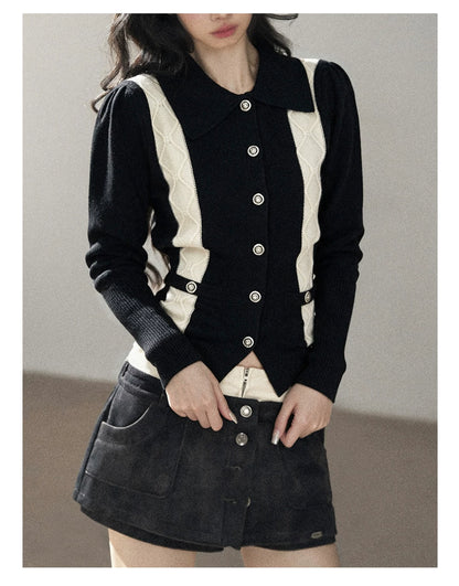 AOMALM - "Nocturne of Pine & Cypress" Black & White Contrast Knit Cardigan with Notched Collar