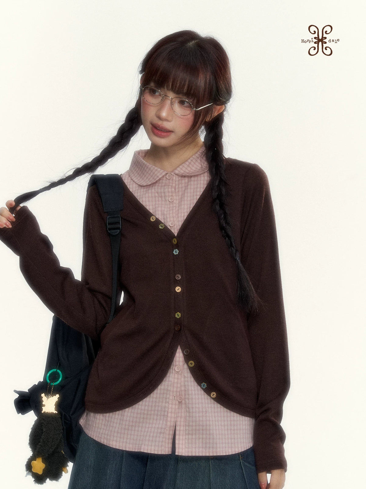 “Chestnut Book Knit” Red Brown Faux-Layered Colorful Button Cardigan