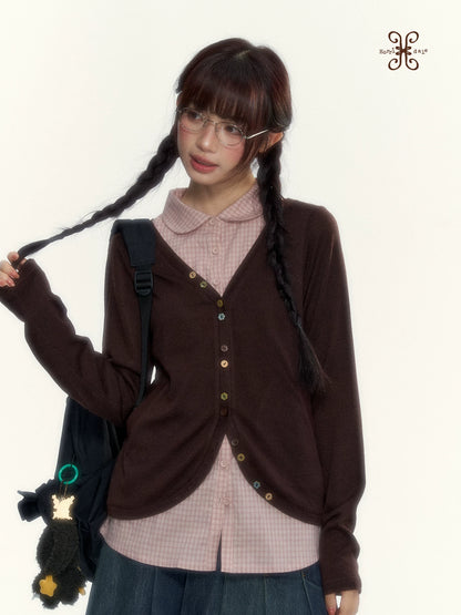 “Chestnut Book Knit” Red Brown Faux-Layered Colorful Button Cardigan