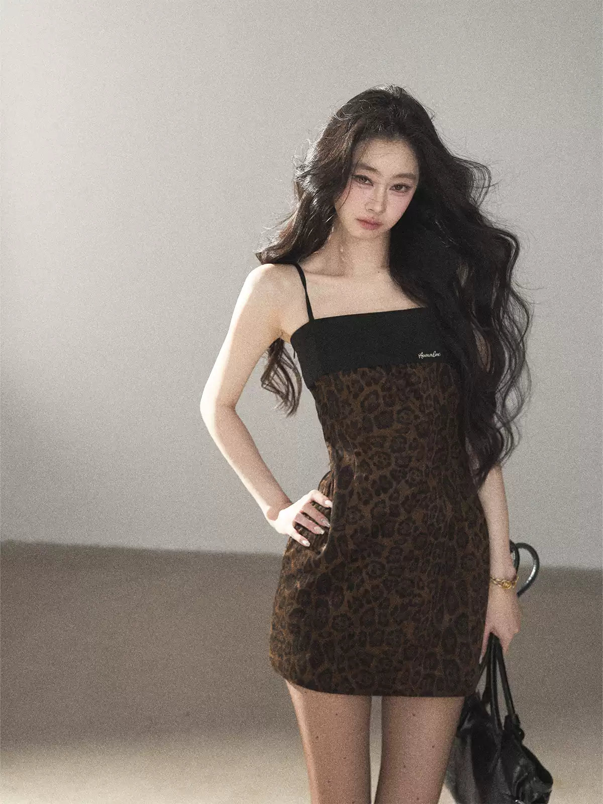 AOMALM - "Wildland Reverie" Slate Brown Leopard Print Fitted Cami Dress & Obsidian Black Shawl