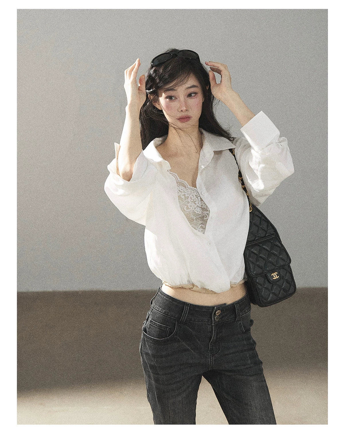 AOMALM - "Wandering Sunlight" Almond Beige Faux Two-Piece Lace Shirt Top