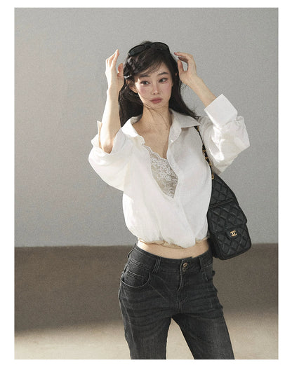 AOMALM - "Wandering Sunlight" Almond Beige Faux Two-Piece Lace Shirt Top
