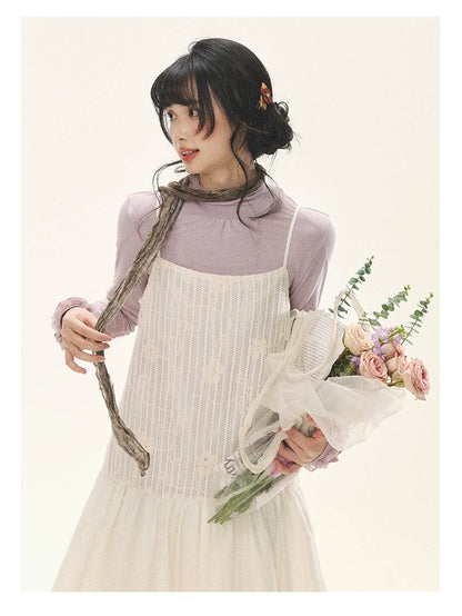 "Ivory Blossoms" Apricot Mist Beige Floral Pinafore Midi Dress