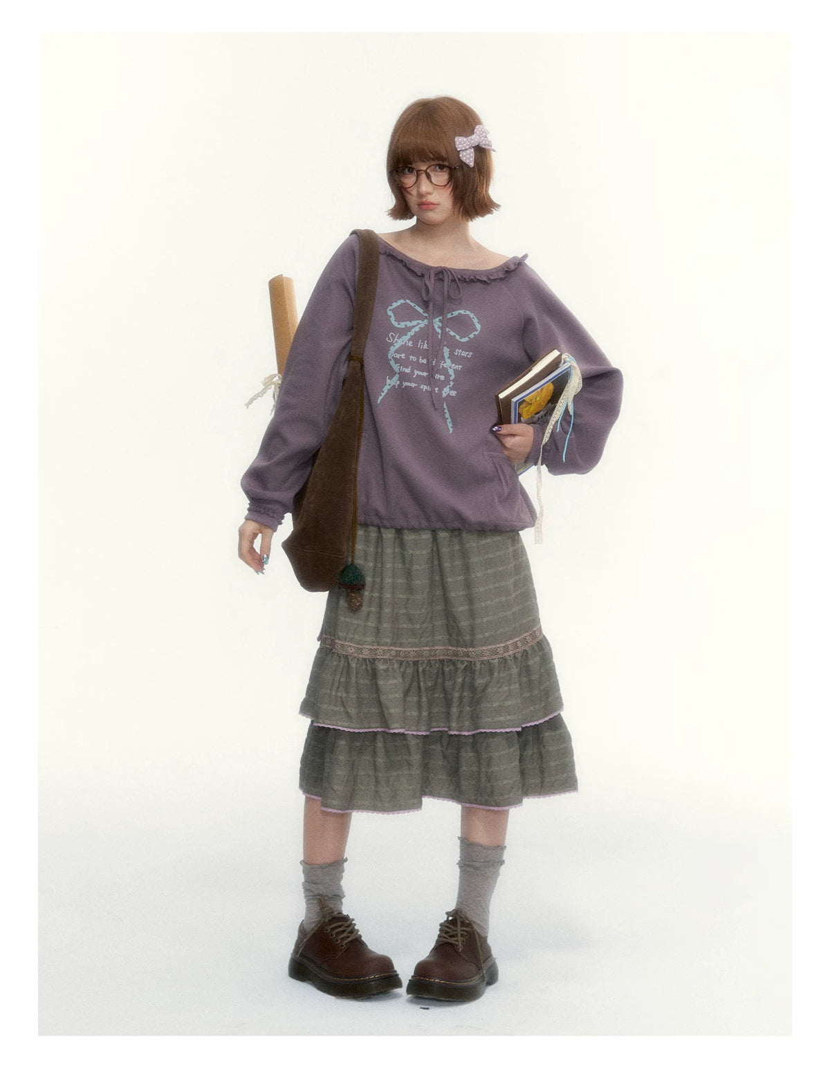 Deep Purple Bow-Tie Lettuce-Trim Off-Shoulder Sweatshirt