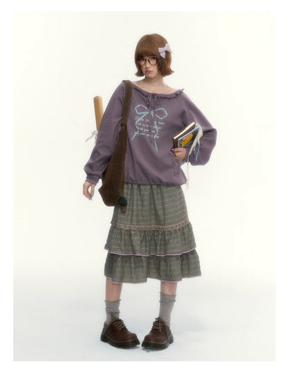 Deep Purple Bow-Tie Lettuce-Trim Off-Shoulder Sweatshirt