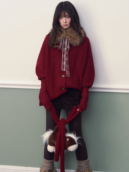 Soote Season - "Vintage Holiday Bow" Burgundy Batwing Faux-Fur Collar Cable-Knit Cardigan