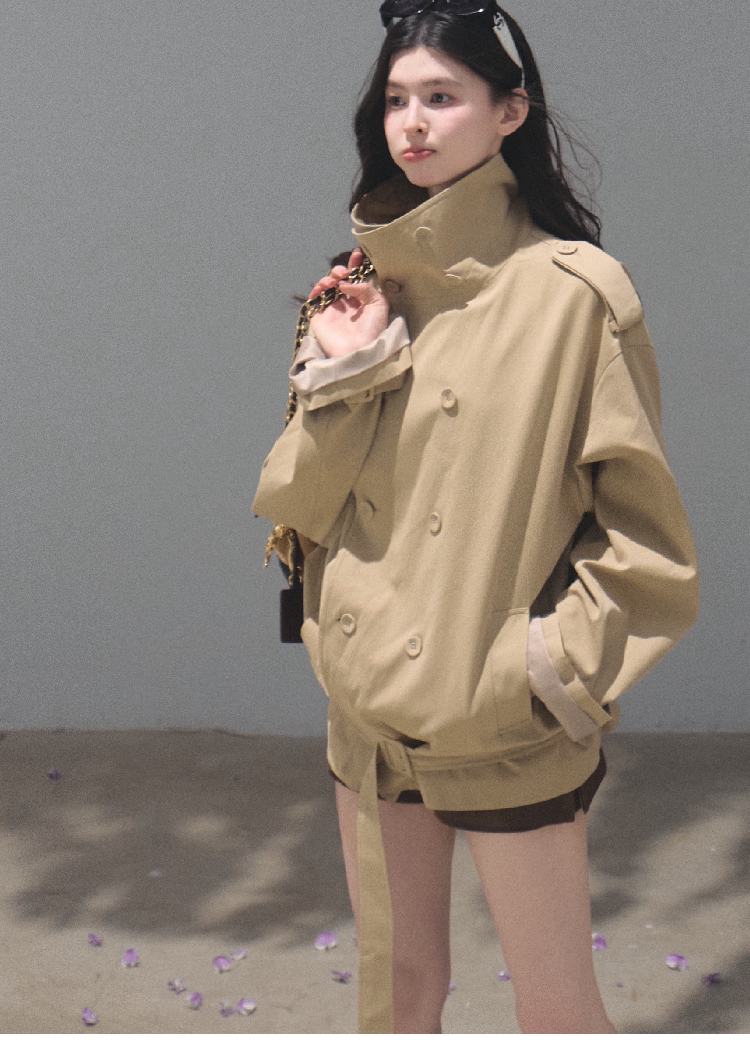 OAKMOO/ Belted Double-Breasted Trench Jacket (Deep Black / Hazel Khaki)