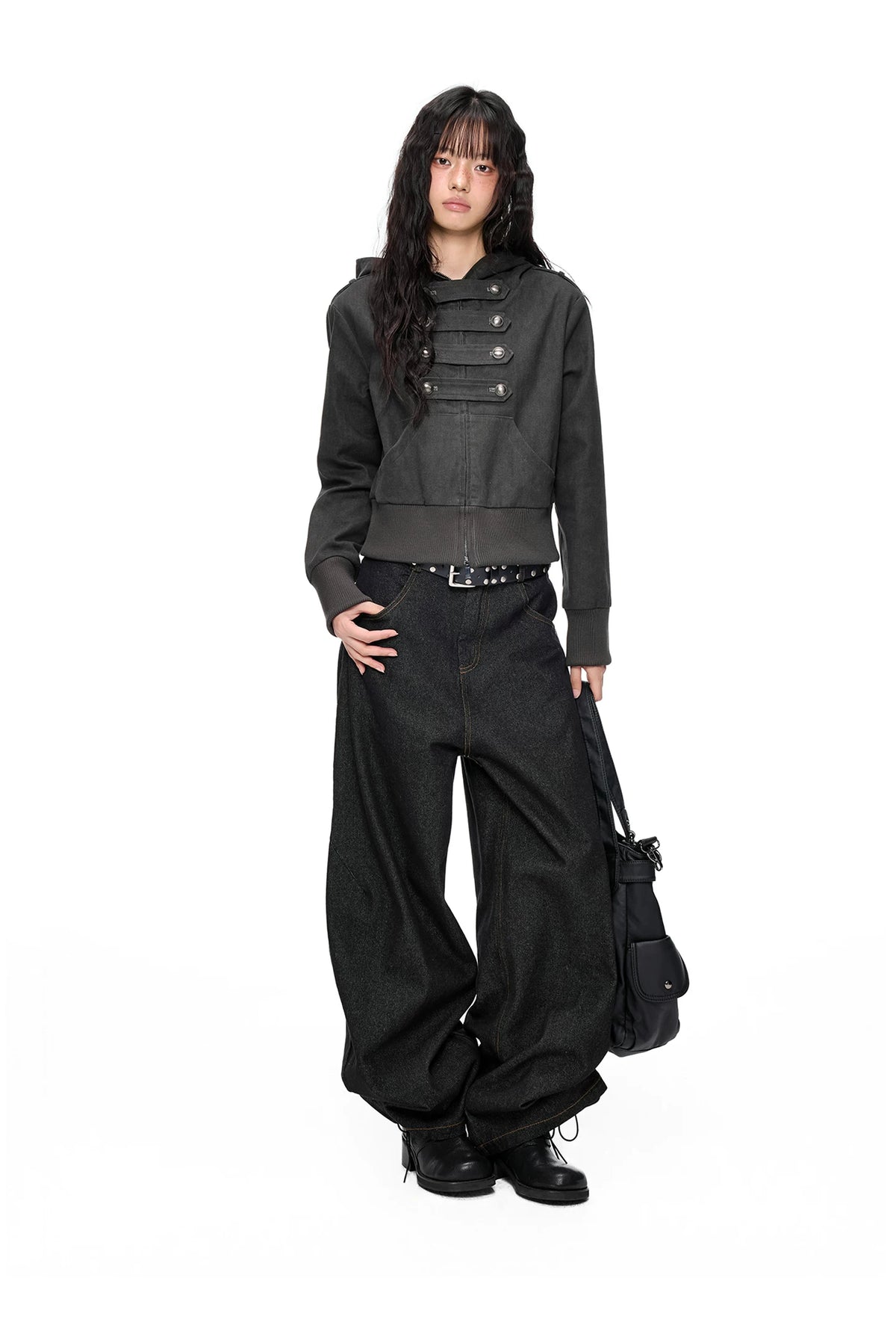EZEK | Cropped Hooded Sweatshirt Jacket with Double Metal Snap Closure (Black / Gray)