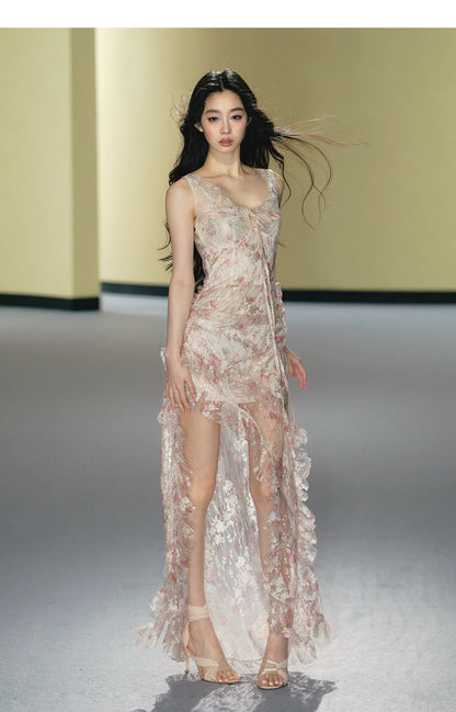 "Blush Mirage" Floral Lace Slip Maxi Dress