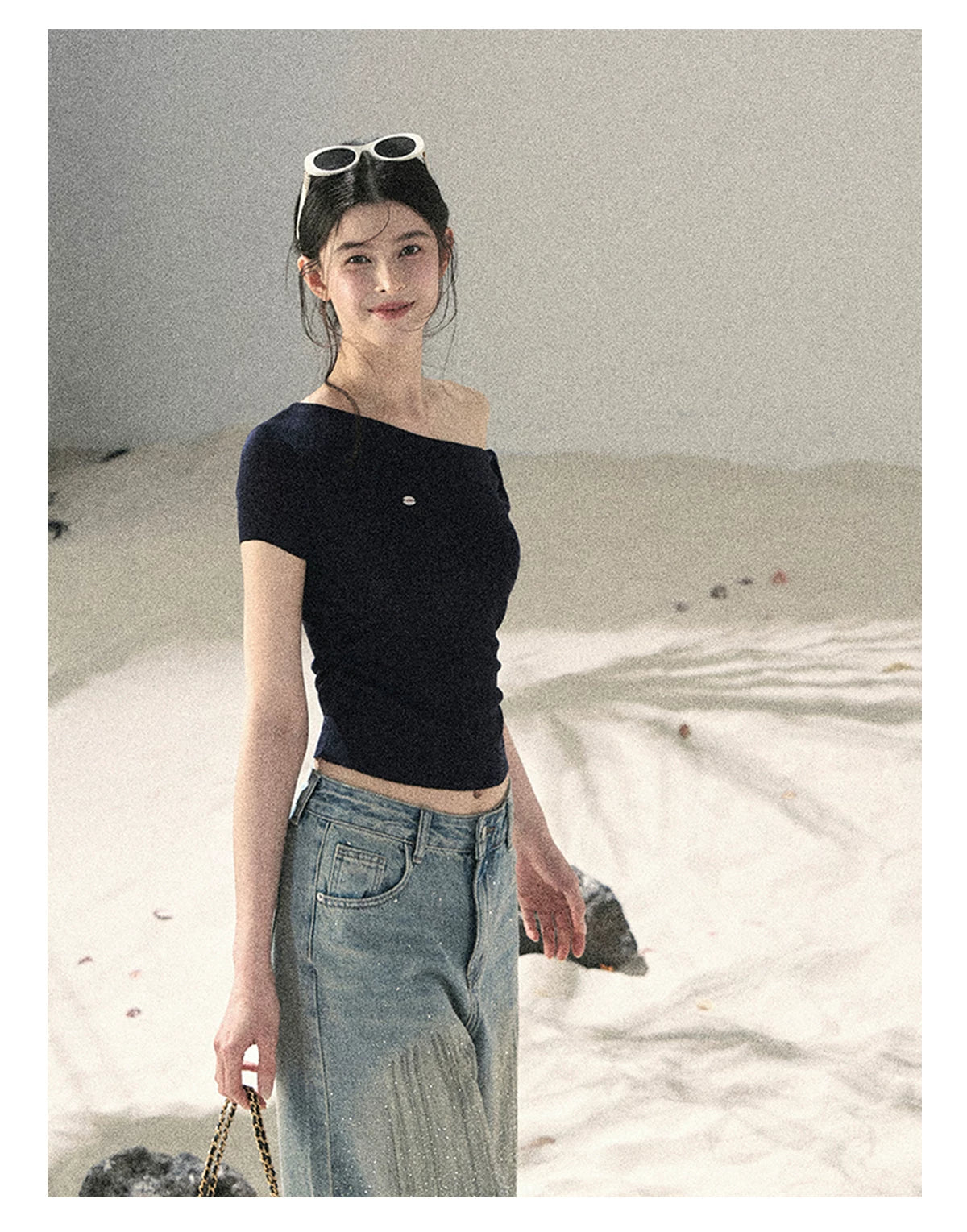 "Shape of the Wind" Navy Blue One-Shoulder Twist Crop Top 6556585
