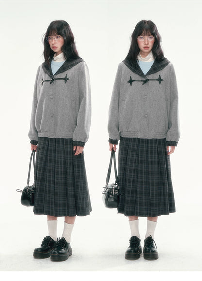 [CAN] Navy Plaid Pleated A-Line Midi Skirt