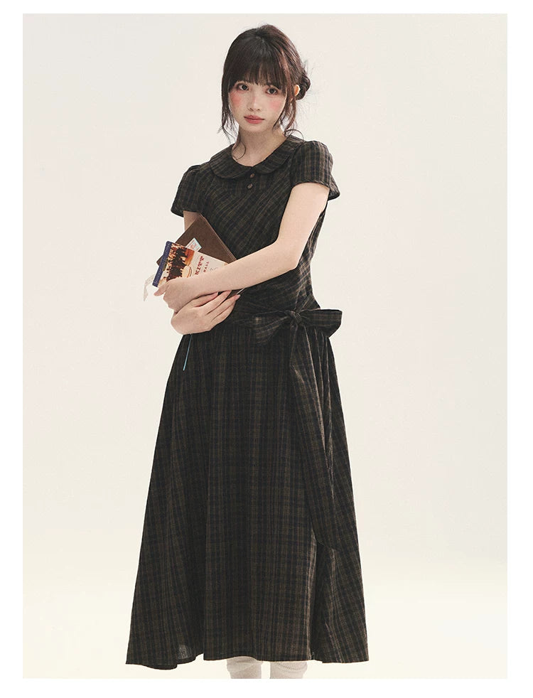 "Vintage Scholar" Black Brown Plaid Bow Tie Peter Pan Collar Maxi Dress