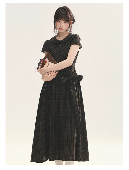 "Vintage Scholar" Black Brown Plaid Bow Tie Peter Pan Collar Maxi Dress