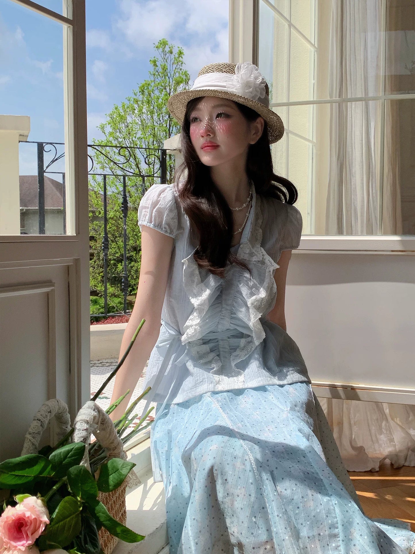 “Blue Breeze Sonata” Blue Ruffle Lace Blouse