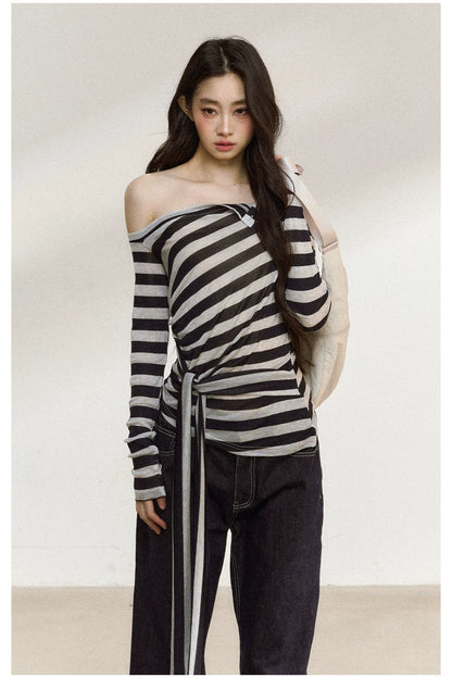 JN's DESIGN - Asymmetrical Striped Long-Sleeve Top with Tie Detail