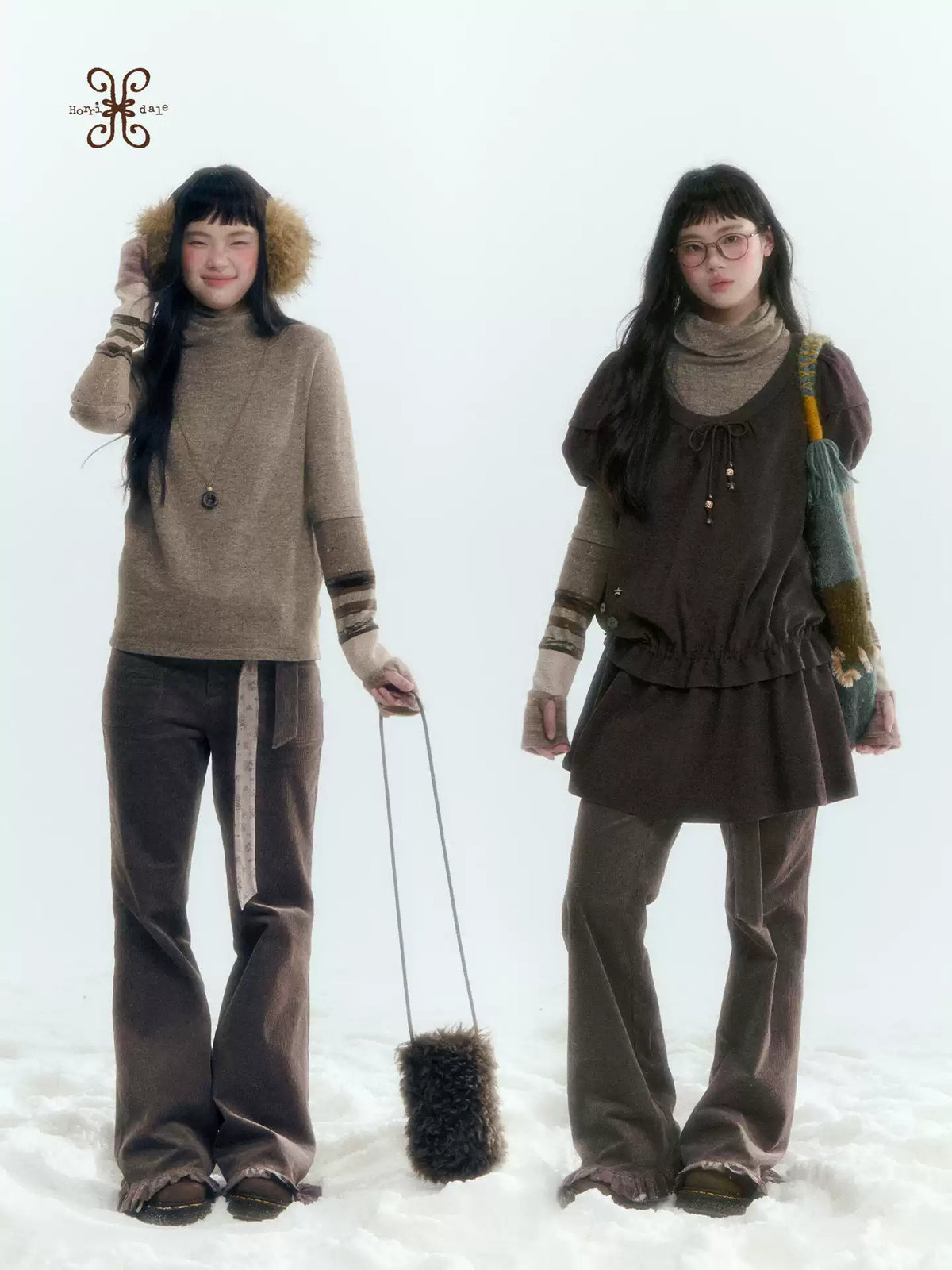 Horridale - Milk Tea Brown Floral Belt Corduroy Flare Pants