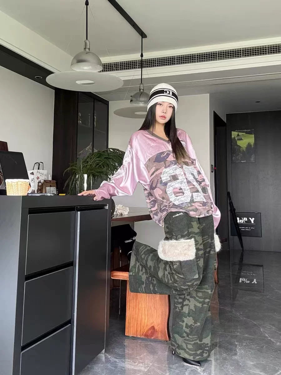 JN's DESIGN - Vintage Camo Wide-Leg Cargo Pants with Faux Fur Pockets