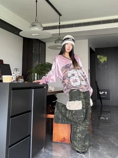 JN's DESIGN - Vintage Camo Wide-Leg Cargo Pants with Faux Fur Pockets