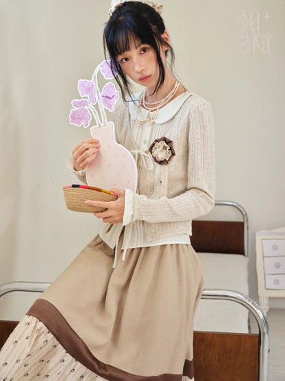 DAILY ARTIST - Tea Brown Color-Block Floral Lace-Trim A-Line Skirt