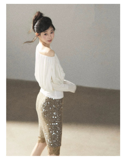 AOMALM - Creamy Ivory Asymmetric Ruched Off-Shoulder Long Sleeve Top