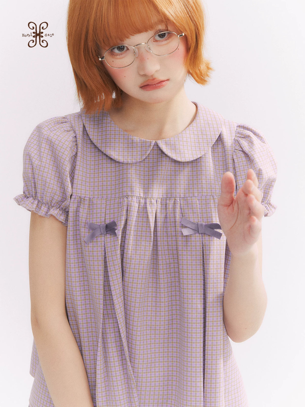 “Taro Milk Candy” Purple Plaid Bow Peter Pan Collar Puff Sleeve Blouse