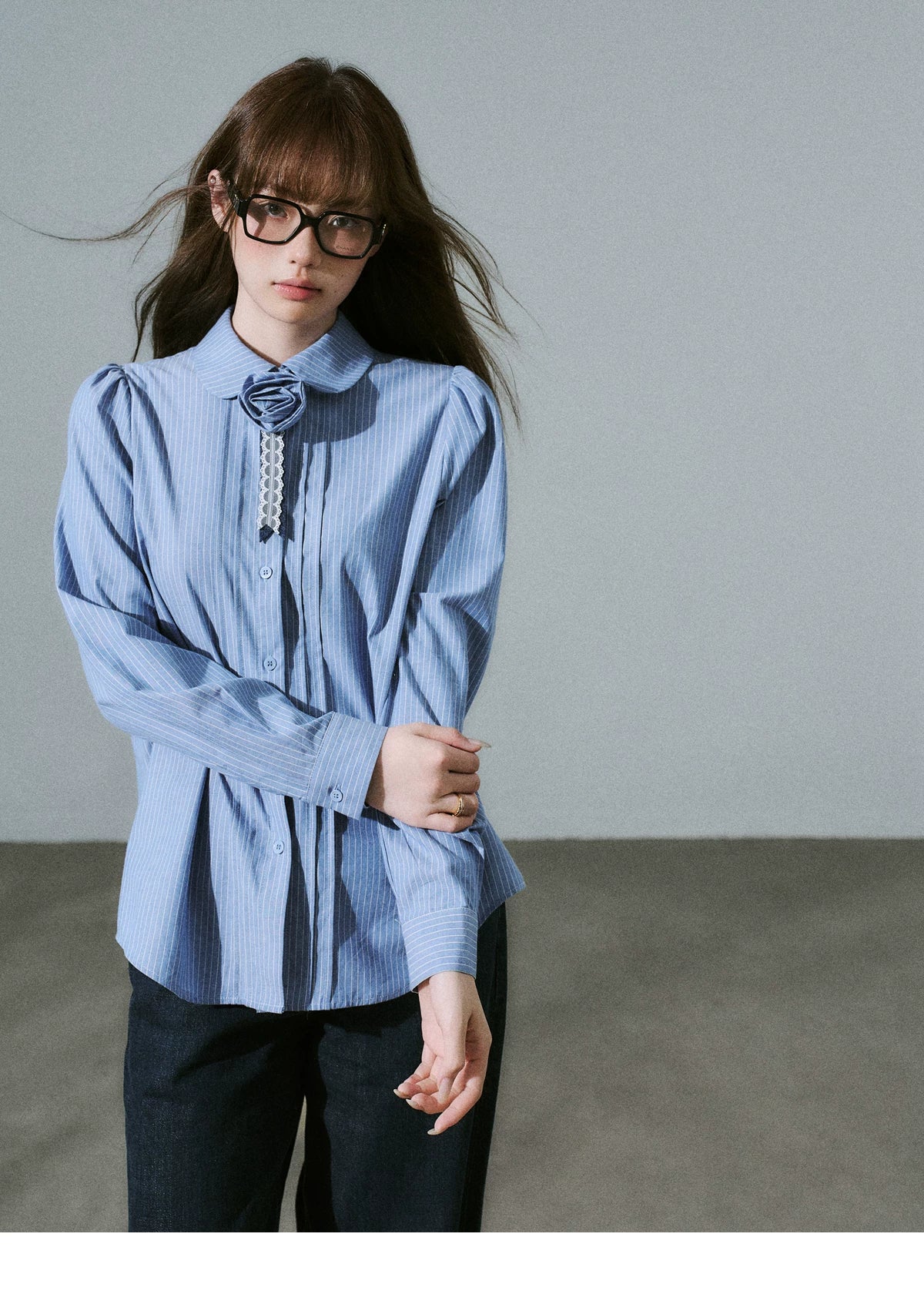 LOST FOREST - Flower Brooch Linen-Blend Shirt (Blue Stripe / Pink Stripe / Polka Dot)