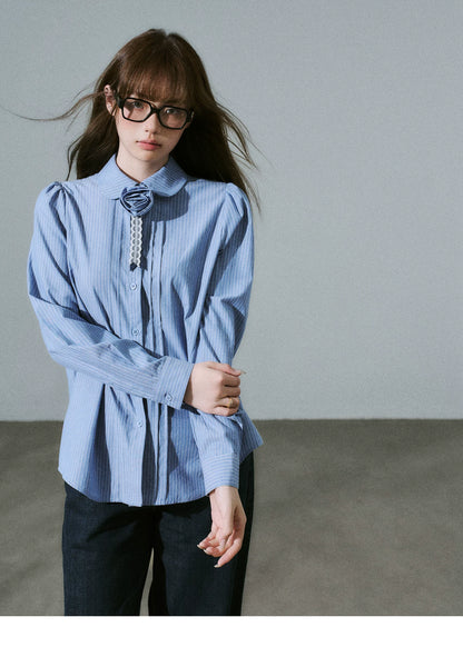 LOST FOREST - Flower Brooch Linen-Blend Shirt (Blue Stripe / Pink Stripe / Polka Dot)