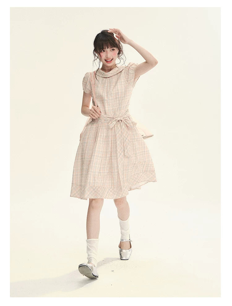 "Showa Girl" Vintage Plaid Floral Print Peter Pan Collar Bow Waist-Defined A-Line Dress