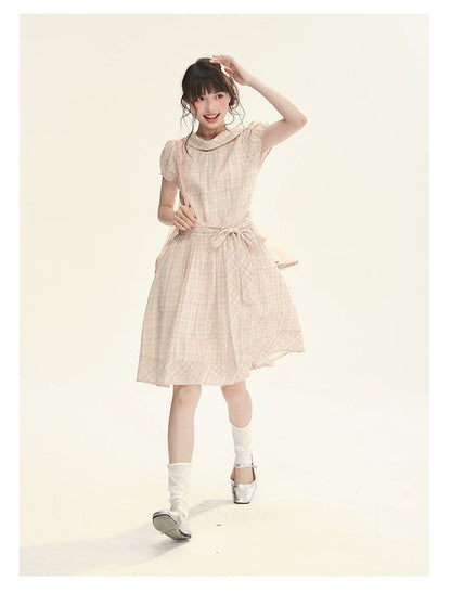 "Showa Girl" Vintage Plaid Floral Print Peter Pan Collar Bow Waist-Defined A-Line Dress
