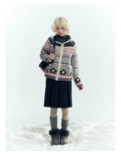 Horridale - Gray Pink Fair Isle Floral Zip-Up Knit Cardigan