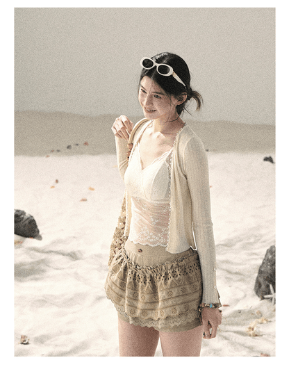"Translucent Skin" Cream Apricot Lace Camisole Top 455335