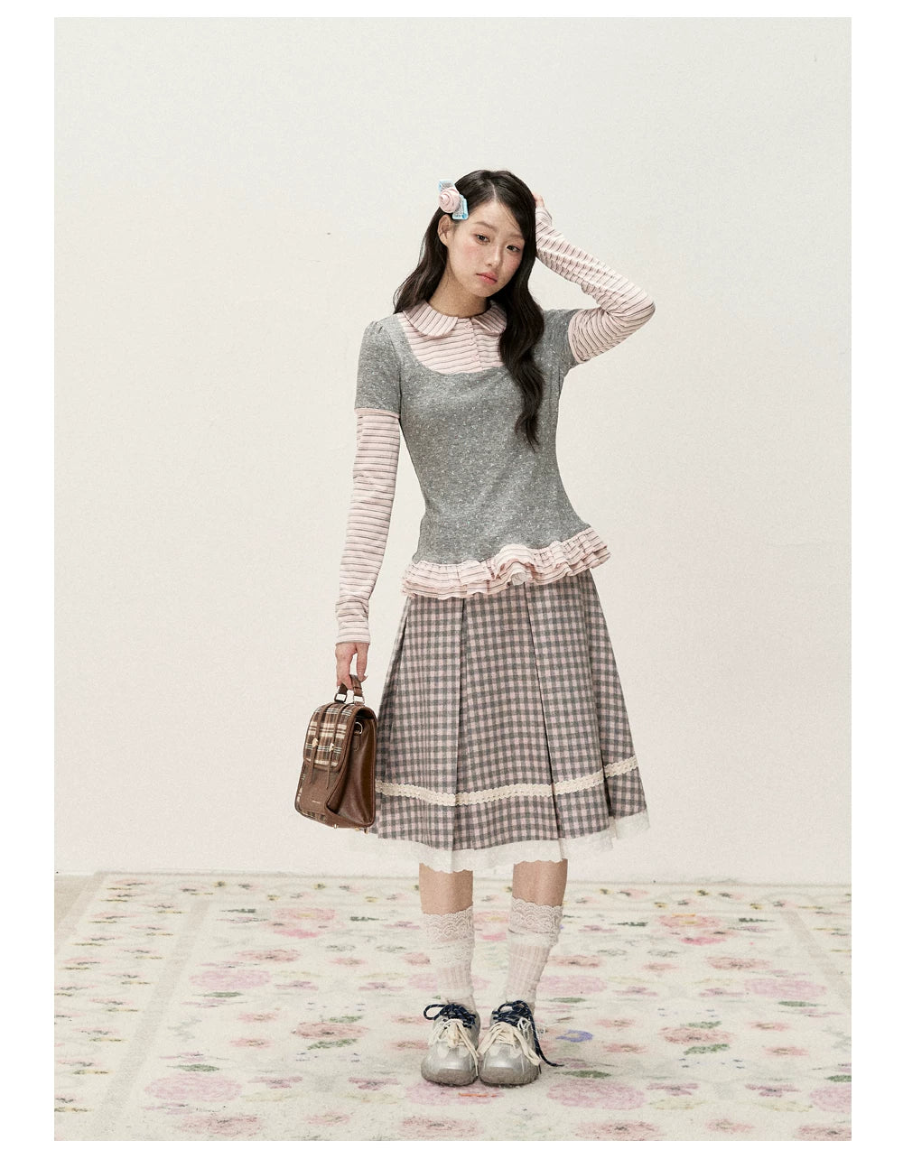 [RF] Floral Gray Pink Faux Two-Piece Striped Layered Blouse with Peter Pan Collar