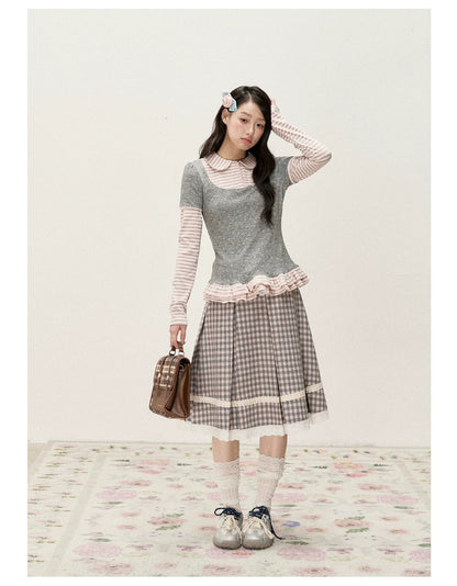 [RF] Floral Gray Pink Faux Two-Piece Striped Layered Blouse with Peter Pan Collar