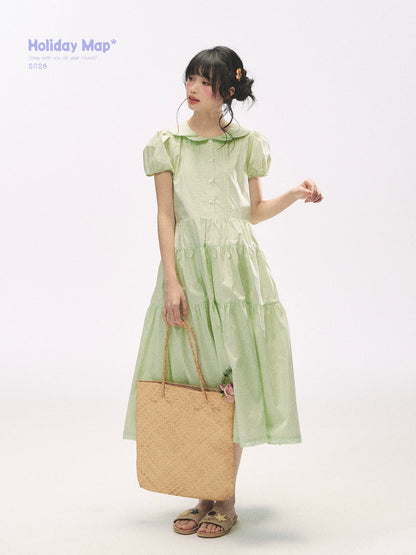 "Mint Forest" Mint Green Double Collar Tiered A-Line Midi Dress