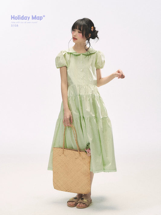 "Mint Forest" Mint Green Double Collar Tiered A-Line Midi Dress