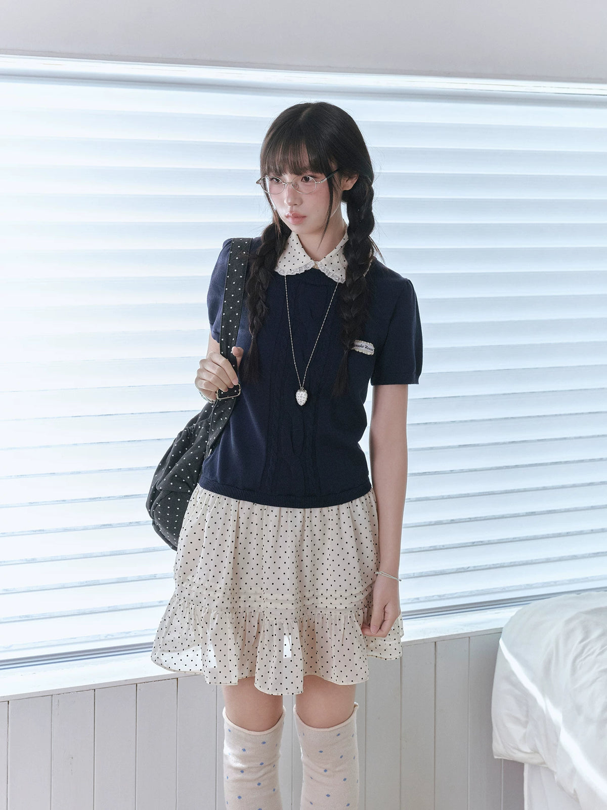 "Starry Miu" Polka Dot Collared Knit Dress - Navy