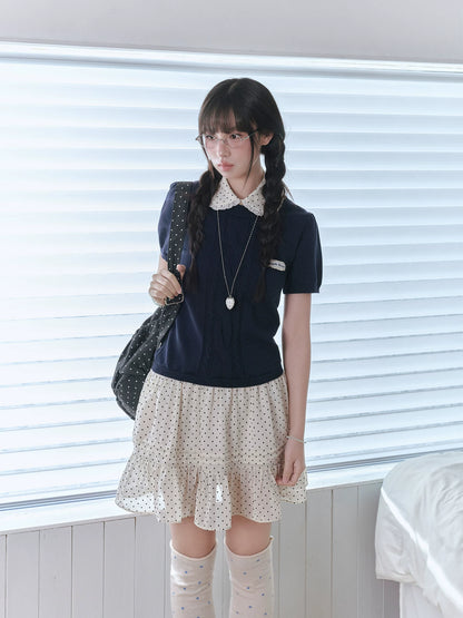 "Starry Miu" Polka Dot Collared Knit Dress - Navy