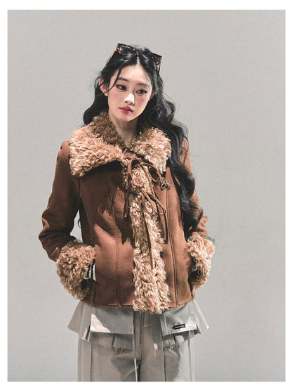 少也眼 “She Melted Into Winter" Faux Shearling Warm Jacket - Coffee Brown