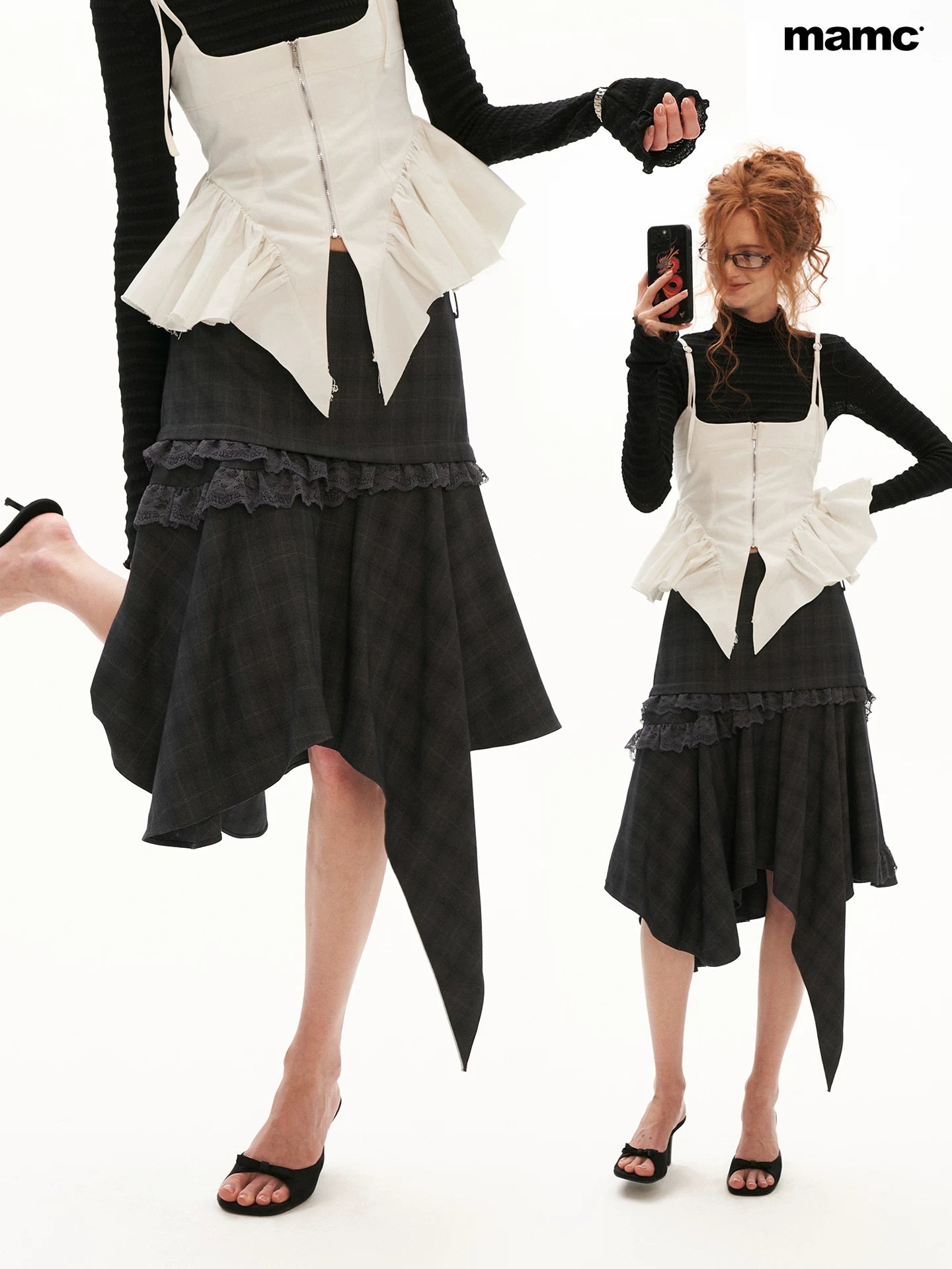 Grey Plaid Asymmetrical Lace Midi Skirt