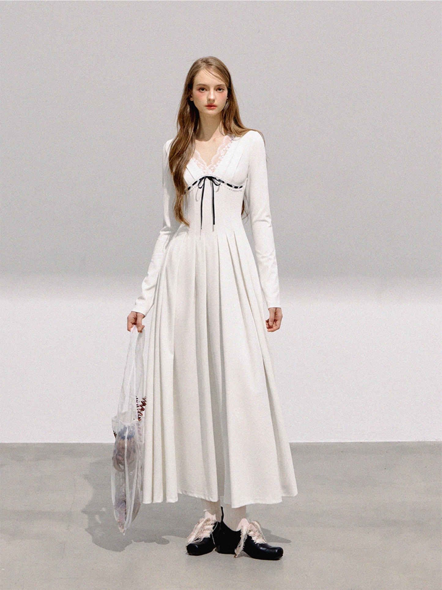 BOHOL BLING - French Romantic V-Neck Lace Trim Pleated Maxi Dress