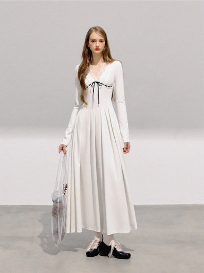 BOHOL BLING - French Romantic V-Neck Lace Trim Pleated Maxi Dress