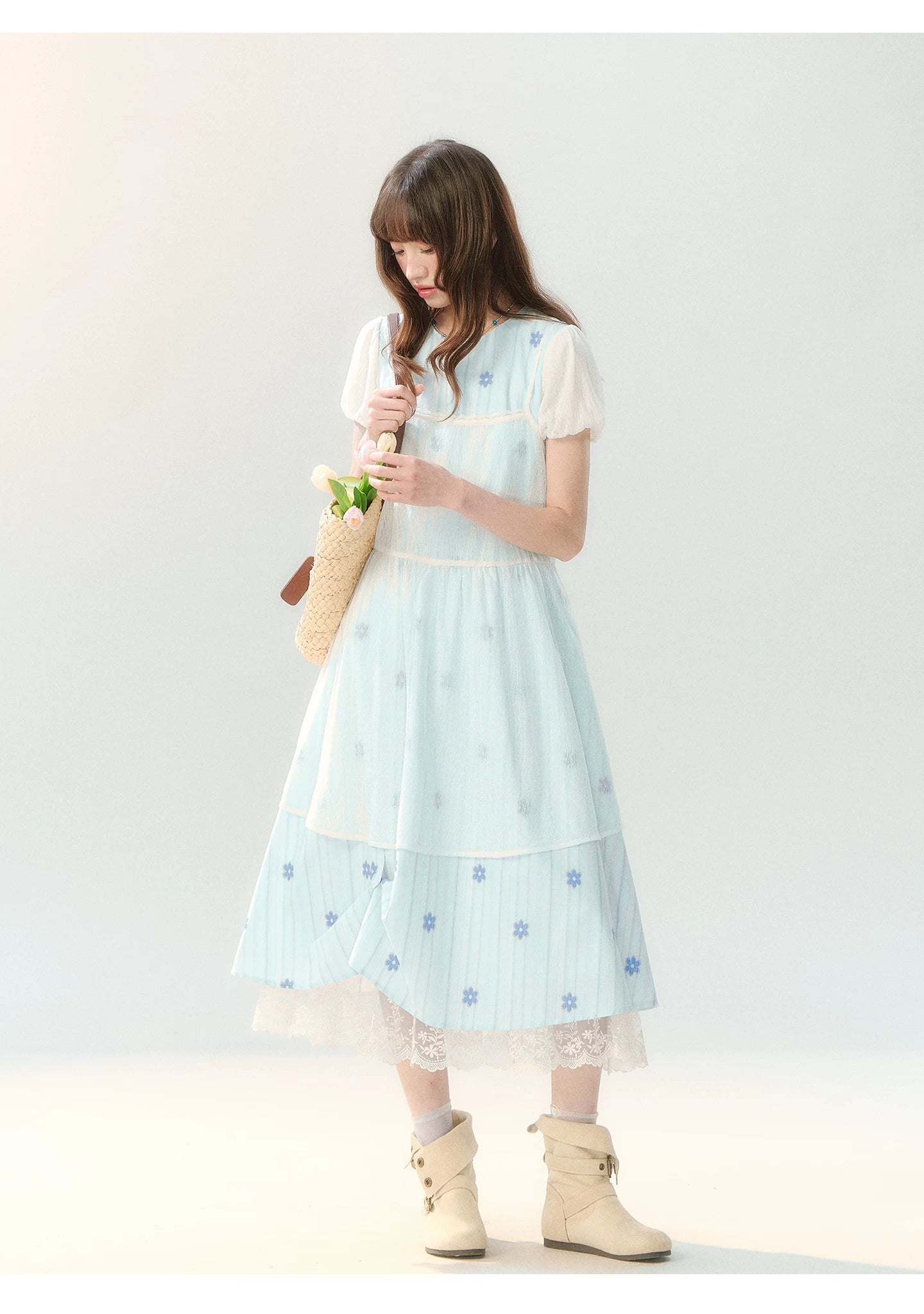 "Soft Bloom Chronicle" Blue Floral Dress & Apricot Cami Set