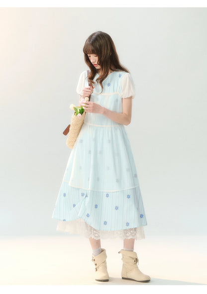 "Soft Bloom Chronicle" Blue Floral Dress & Apricot Cami Set